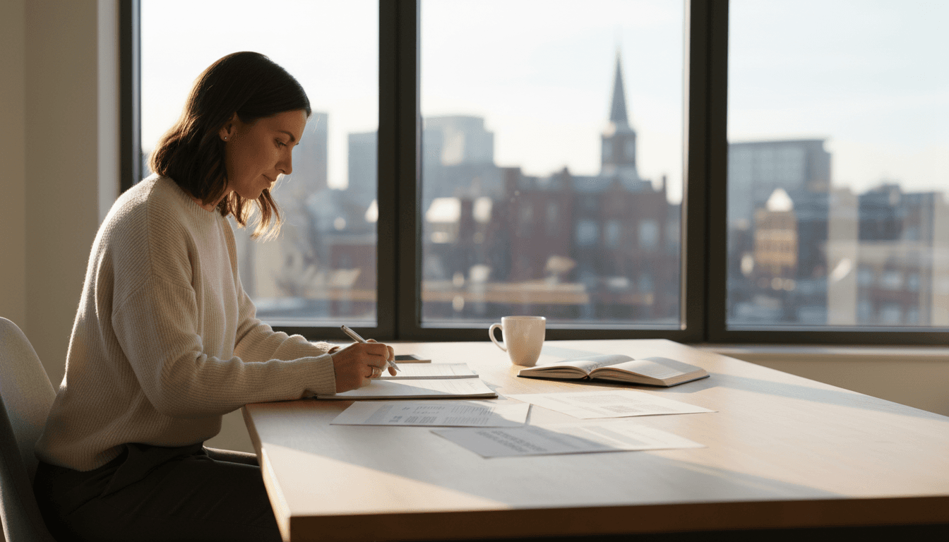 Founder megan Schlesinger reviewing strategy documents at her desk with Boston city views