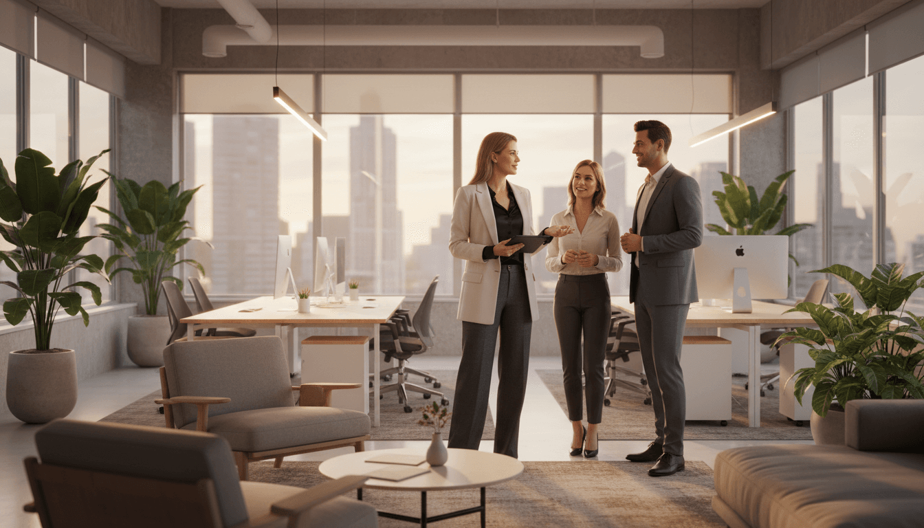 Businesswoman working in a modern office with natural light and warm decor.