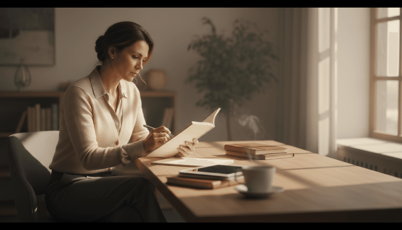 Professional woman reviewing coaching notes at her desk with natural morning light