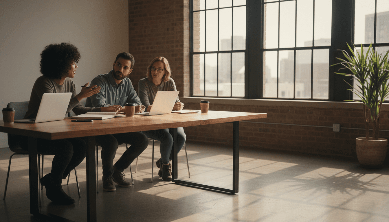 Startup team collaborating in a bright modern workspace