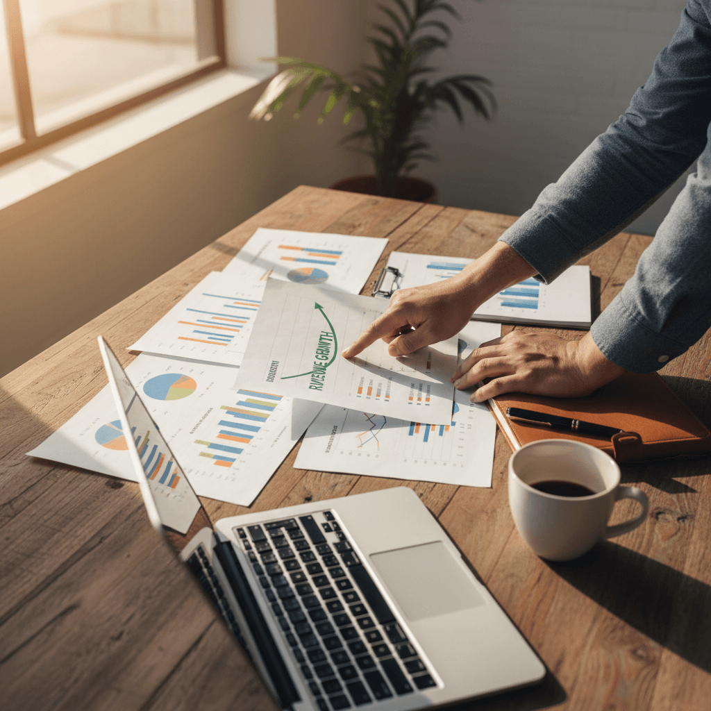 Founder reviewing growth strategy and financial projections