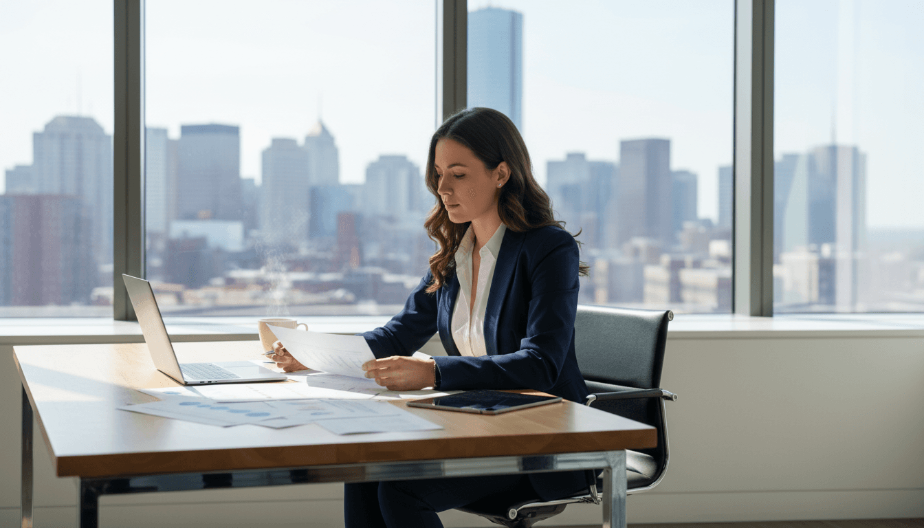 Fractional business owner working at a minimal desk with laptop and notebook