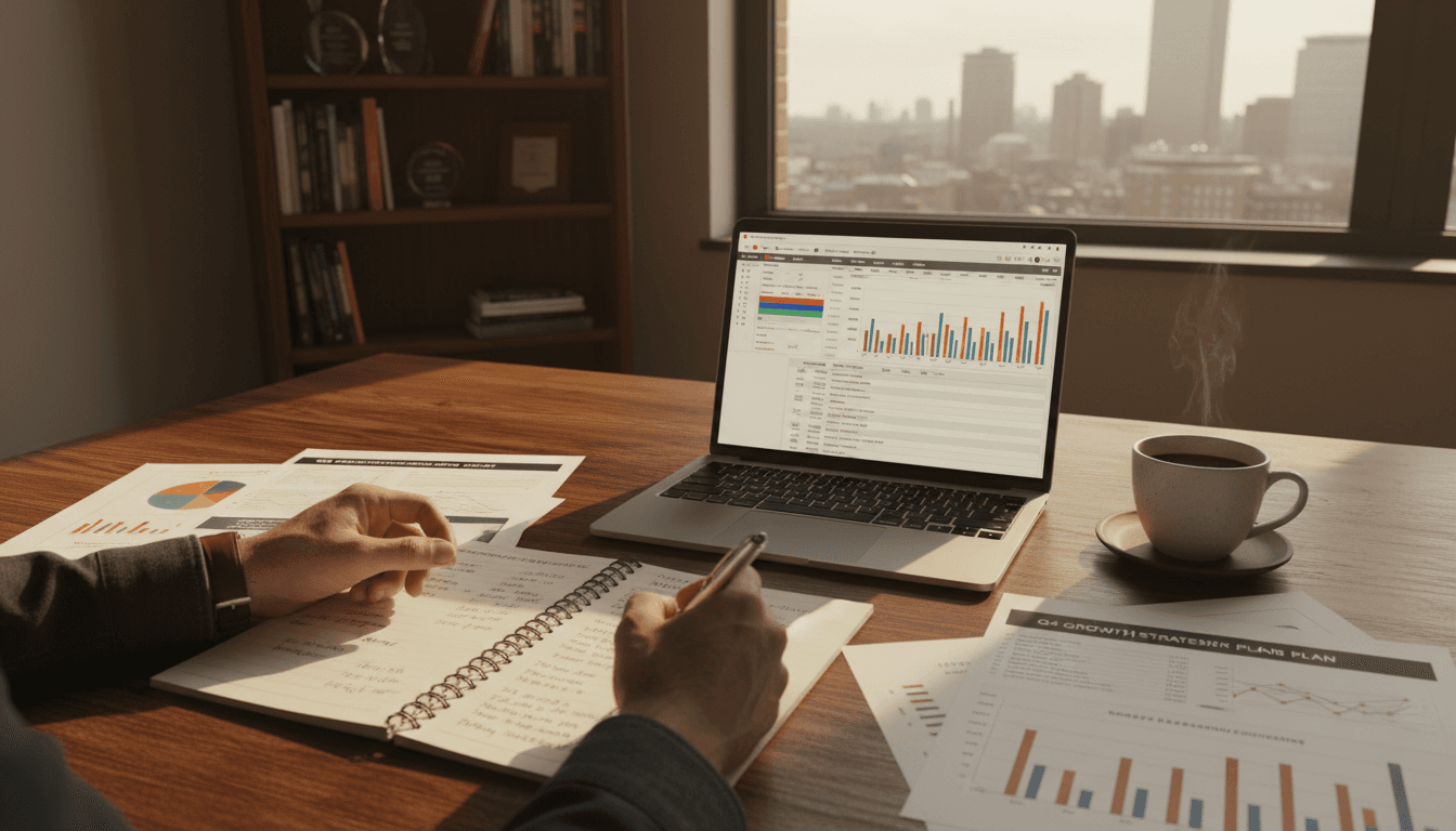 Startup founder reviewing fractional business strategy documents at workspace