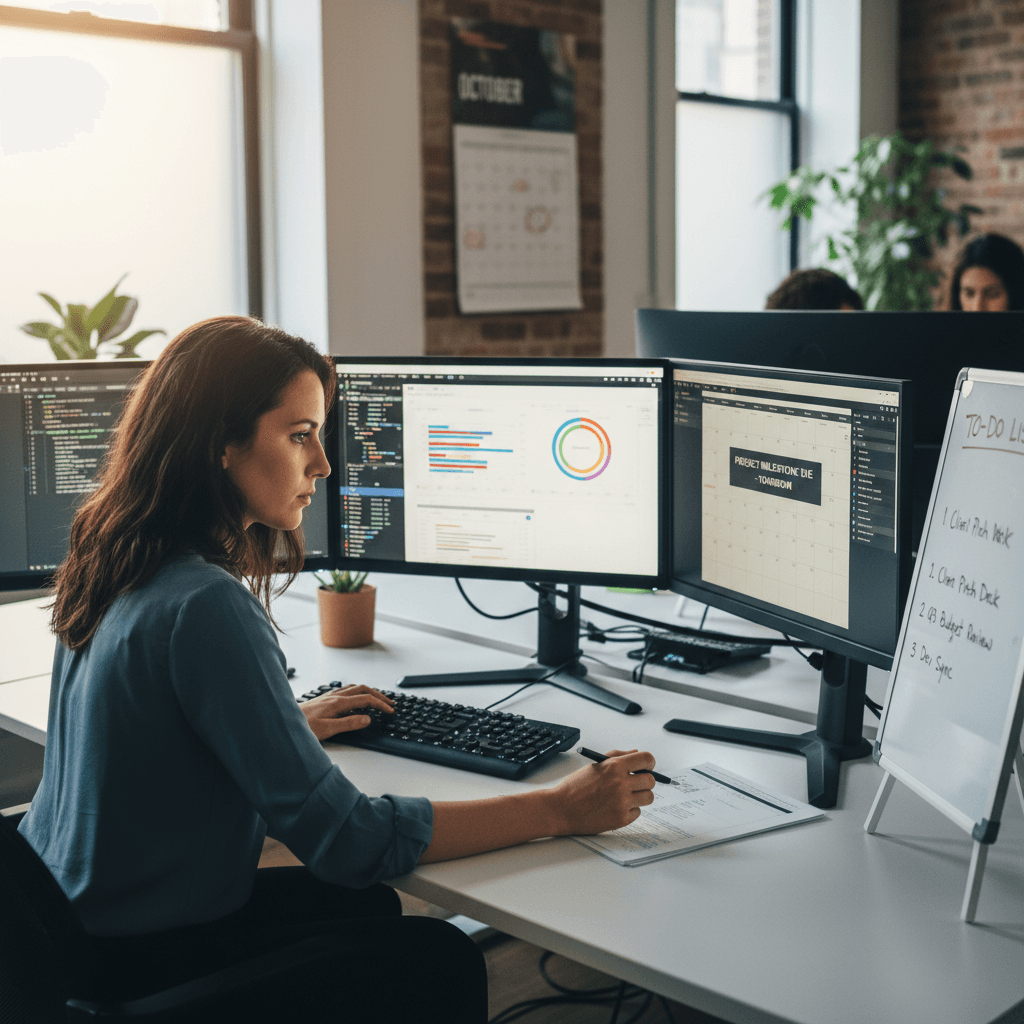 Professional executing career transition plan at her workspace