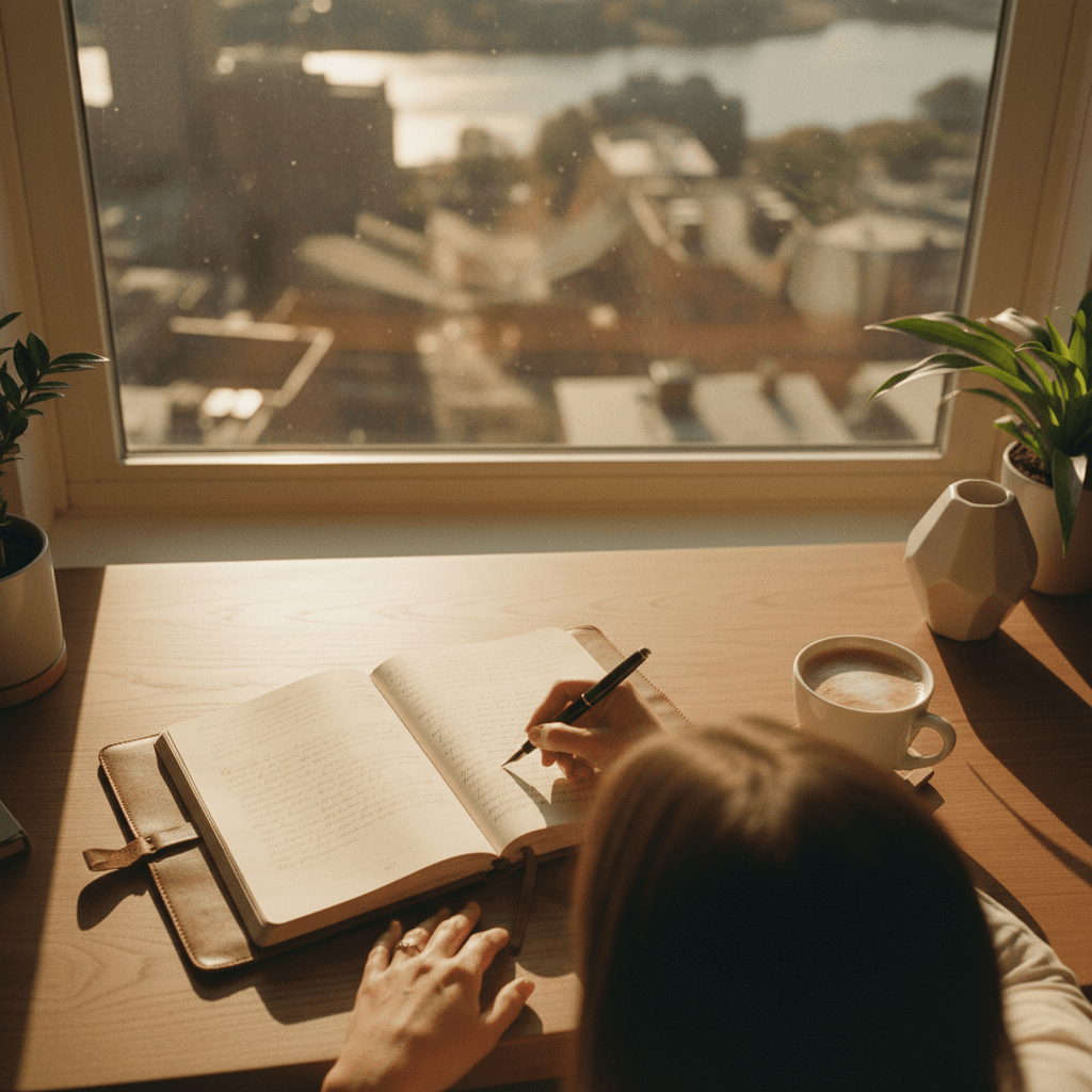 Professional woman journaling and reflecting on career goals at her desk