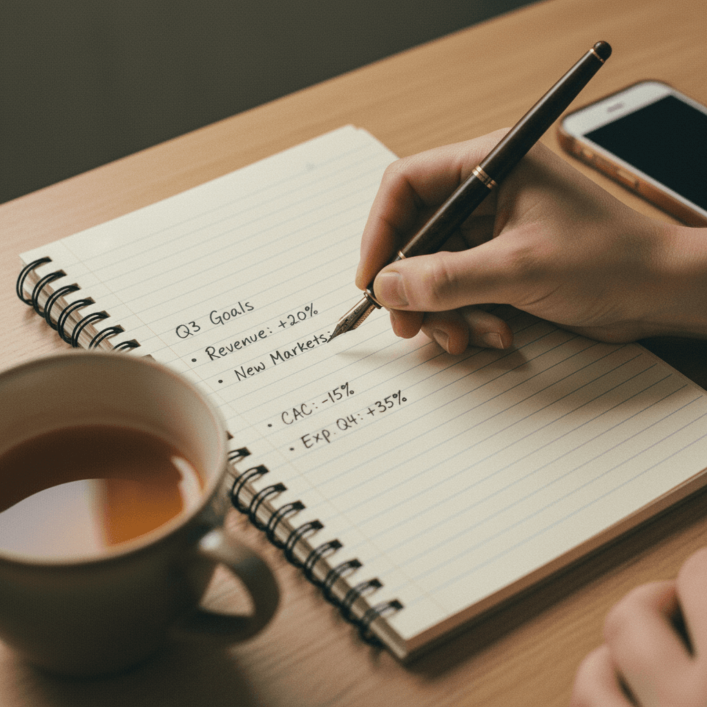 Entrepreneur planning fractional business strategy with notebook and pen