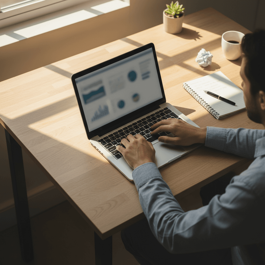 Fractional business owner working at a minimal desk with laptop and notebook
