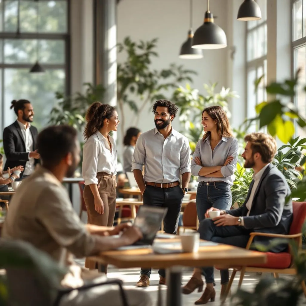 Diverse professionals conversing in a bright, modern office filled with natural light and greenery.