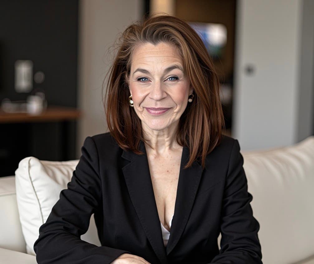 Smiling middle-aged woman with reddish-brown hair wearing a black blazer, sitting on a white sofa.